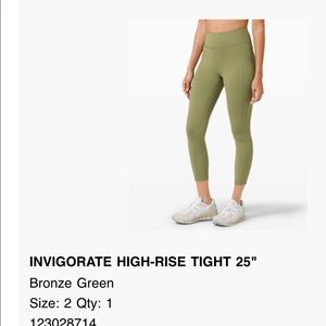 Lululemon Invigorate High-Rise Tight 25’’ leggings | Bronze Green | Size 2